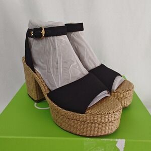 Sam Edelman Immie Platform Espadrille Sandals Black‎ Natural Linen 10.5M new
